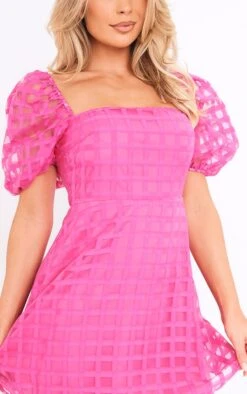 Robe Droite Oversize Rose Vif Imprimé Vichy à Manches Bouffantes -Pas Cher Tendance Charme Magasin ab019d6b07078ab54428643f87f63c87a7e2112e cne2995 4