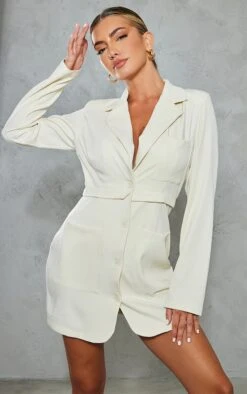 Robe Blazer Oversize Tissée Crème à Poches