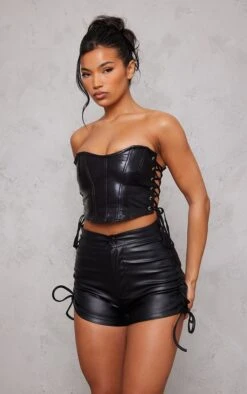 Zero Mini Short En Similicuir Noir à Côtés Noués