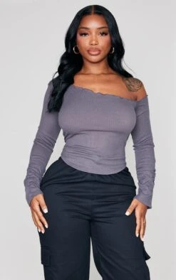 Shape Top Long Côtelé Gris Anthracite à Col Bardot Et Manches Froncées