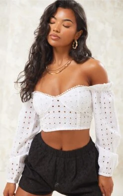 Crop Top En Broderie Blanche à épaules Dénudées Et Manches Bouffantes