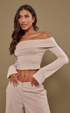 Crop Top Gris Pierre En Jersey à Col Bardot Replié