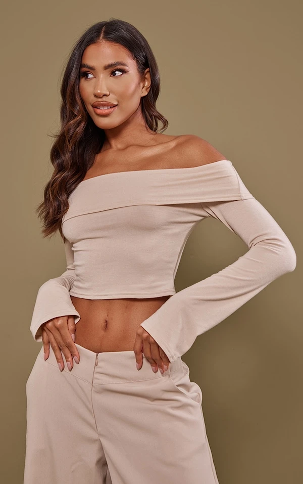 Crop Top Gris Pierre En Jersey à Col Bardot Replié 1 Crop Top Gris Pierre En Jersey à Col Bardot Replié