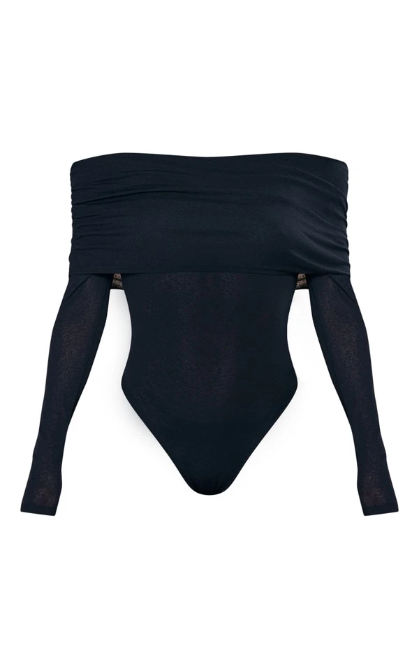 Body Noir Froncé Texturé Transparent Très Replié à Col Bardot 5 Body Noir Froncé Texturé Transparent Très Replié à Col Bardot – Image 5
