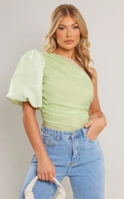 Body Asymétrique Vert Sauge En Organza à Manche Bouffante