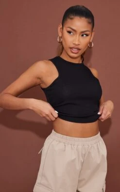 Débardeur Noir Profond Côtelé à Dos Nageur