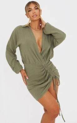 Robe Chemise Décolletée Effet Lin Kaki Décolleté