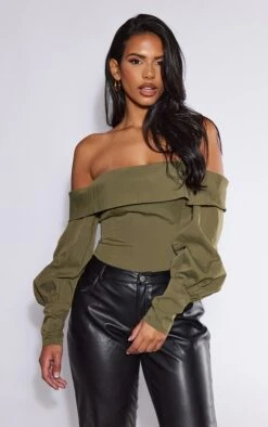 Body Tissé Kaki à Volants Et épaules Dénudées