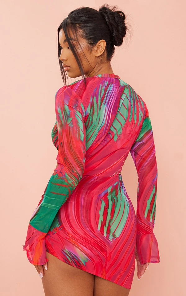 Robe Chemise Cache-coeur Moulante Multicolore Imprimé Abstrait 2 Robe Chemise Cache-coeur Moulante Multicolore Imprimé Abstrait – Image 2