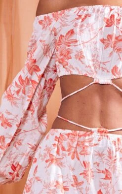 Crop Top Orange Imprimé Effet Lin Noué à La Taille à Col Bardot Et Manches Bouffantes -Pas Cher Tendance Charme Magasin c016d1459106d4dc4f8514a798817fd6ce4e910e cnd4556 4