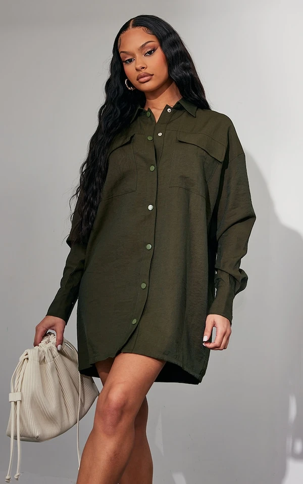 Robe Chemise Oversize Kaki Foncé à Boutons-pression 1 Robe Chemise Oversize Kaki Foncé à Boutons-pression
