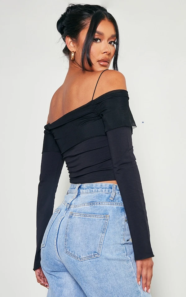 Crop Top En Mesh Noir à Col Bardot 2 Crop Top En Mesh Noir à Col Bardot – Image 2