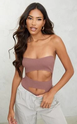 Body Bustier En Maille Tricot Café Au Lait Découpé Devant