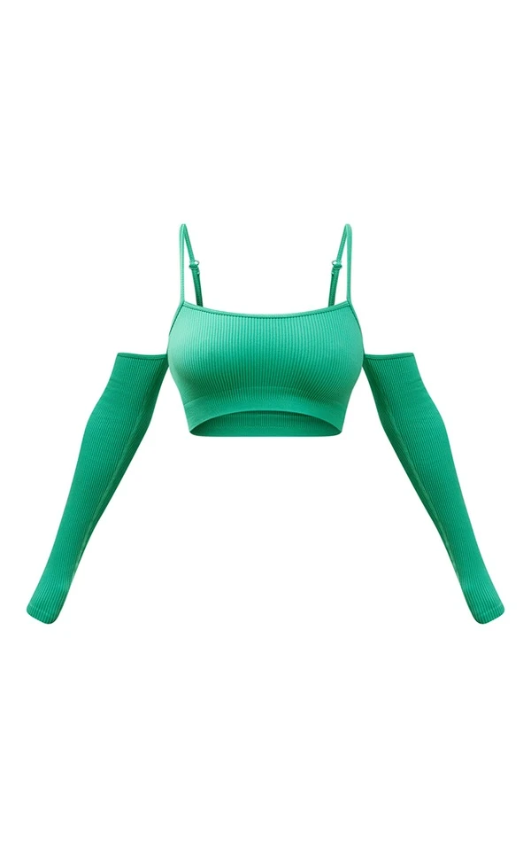 Crop Top Vert Vif Côtelé à épaules Dénudées Détail Contours 5 Crop Top Vert Vif Côtelé à épaules Dénudées Détail Contours – Image 5
