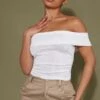 Top Moulant En Acétate Blanc à Col Bardot Replié