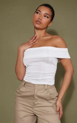 Top Moulant En Acétate Blanc à Col Bardot Replié