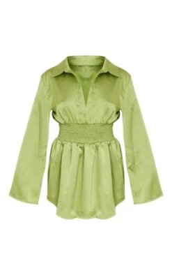 Robe Chemise Satinée Vert Olive à Taille Froncée -Pas Cher Tendance Charme Magasin c9a9747f5b26a981a19cc2c07a91f4c70d3e3cb8 cne1414 5