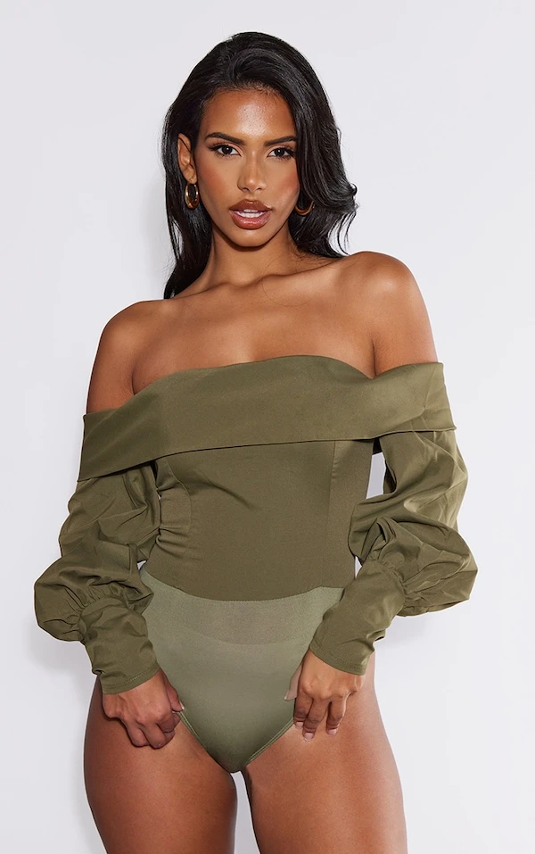 Body Tissé Kaki à Volants Et épaules Dénudées 2 Body Tissé Kaki à Volants Et épaules Dénudées – Image 2