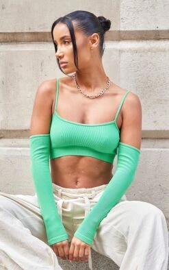 Crop Top Vert Vif Côtelé à épaules Dénudées Détail Contours