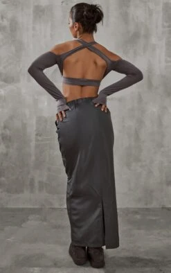 Crop Top Moulant Gris Anthracite à épaules Dénudées Et Dos Nu