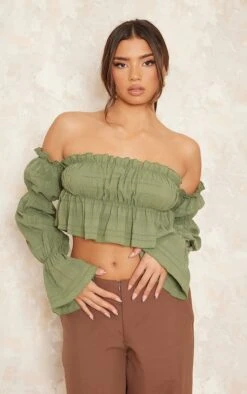 Crop Top Col Bardot Texturé Volanté Kaki