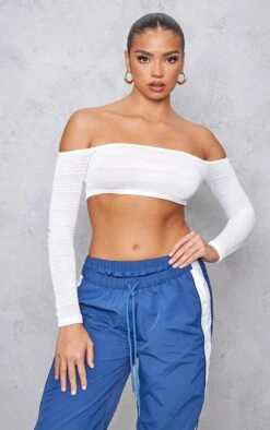 Crop Top Finement Texturé Crème à Col Bardot