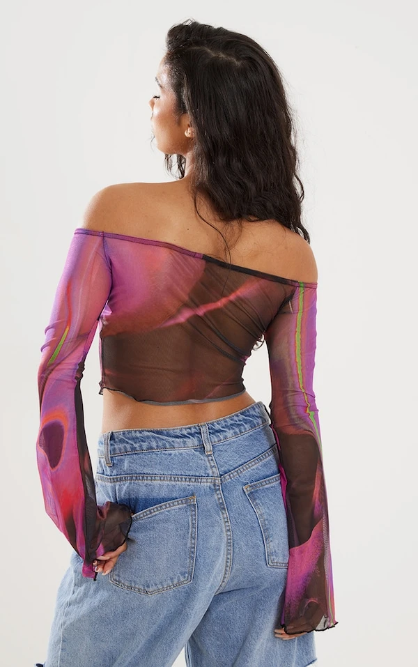 Top En Mesh Imprimé Abstrait Rose à Col Bardot 2 Top En Mesh Imprimé Abstrait Rose à Col Bardot – Image 2