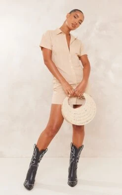 Robe Chemise Effet Lin Gris Pierre à Manches Courtes Et Taille Cintrée