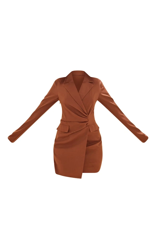Robe Blazer Café Au Lait Foncé En Maille Tissée à Poches Et Taille Froncée 5 Robe Blazer Café Au Lait Foncé En Maille Tissée à Poches Et Taille Froncée – Image 5