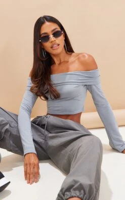 Crop Top Gris Clair En Jersey à Col Bardot Replié