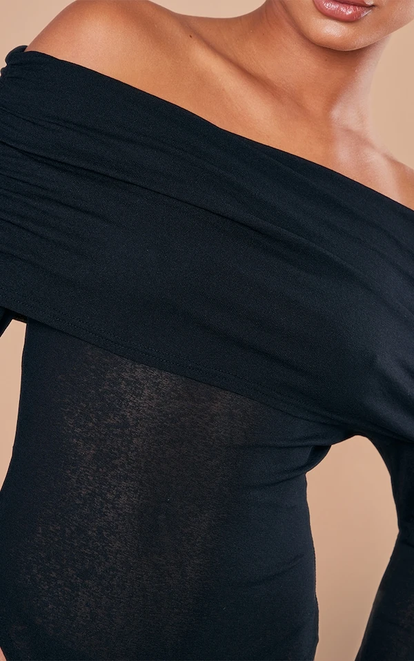 Body Noir Froncé Texturé Transparent Très Replié à Col Bardot 4 Body Noir Froncé Texturé Transparent Très Replié à Col Bardot – Image 4