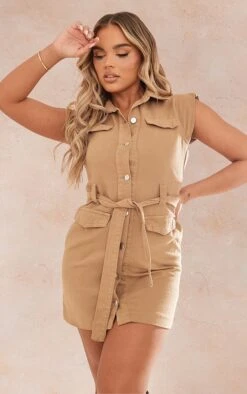 Robe Très Courte Style Utilitaire En Jean Camel