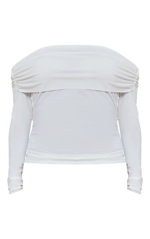 Top Moulant Blanc Froncé à Manches Longues Et Col Bardot 5 Top Moulant Blanc Froncé à Manches Longues Et Col Bardot – Image 5