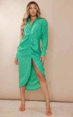 Robe Chemise Mi-longue Texturée Verte à Manches Longues Et Fronces