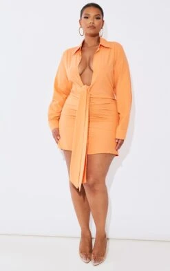 Plus Robe Chemise Orange Froncée Devant à Décolleté