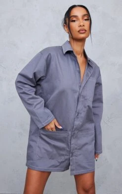 Robe Chemise Gris Anthracite à Coutures Contrastantes Et Poches Cargo