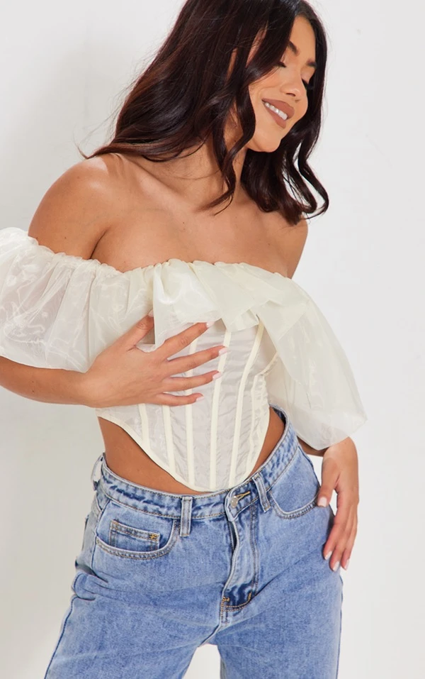 Corset En Mousseline De Soie Crème à Col Bardot Et Manches Bouffantes 4 Corset En Mousseline De Soie Crème à Col Bardot Et Manches Bouffantes – Image 4