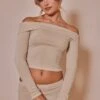 Logic Top Côtelé Beige à Rabat Et Col Bardot