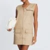 Robe Cargo Camel Sans Manches à Détail Poches