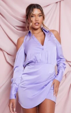 Robe Chemise Cache-coeur Satinée Lilas à épaules Dénudées