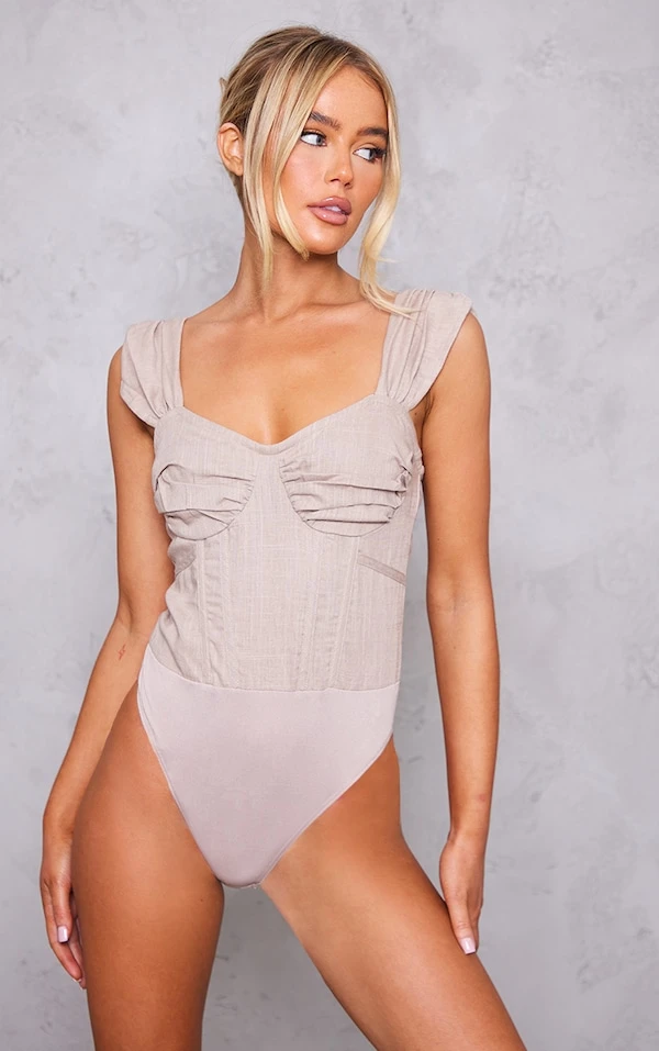 Body Corset Effet Lin Taupe à Buste Drapé 2 Body Corset Effet Lin Taupe à Buste Drapé – Image 2