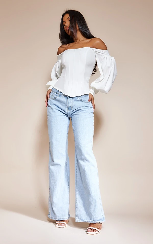 Top Style Corset Blanc à Col Bardot Et Manches Ballon 3 Top Style Corset Blanc à Col Bardot Et Manches Ballon – Image 3