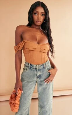 Body Corset Effet Lin Café Au Lait à Buste Drapé