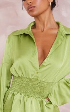 Robe Chemise Satinée Vert Olive à Taille Froncée -Pas Cher Tendance Charme Magasin f007eb8a7b8d40617a1a9a5d5e31a5589962dbe3 cne1414 4