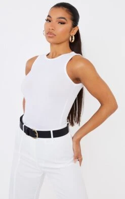 Body Côtelé Blanc Sans Manches à Col Nageur