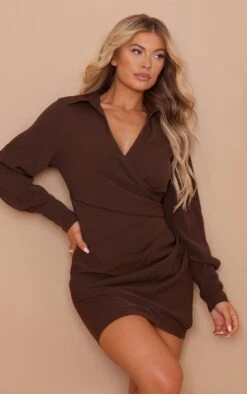 Robe Chemise Plissée Chocolat Style Cache-coeur