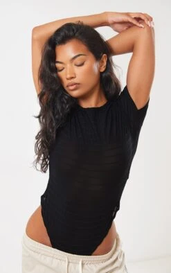 Body Manches Courtes Transparent Noir à Rayures Texturées