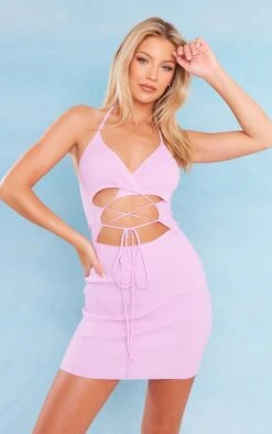 Robe Courte En Maille Tricot Lilas à Lacets Devant