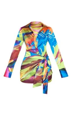 Robe Chemise Satinée Imprimé Abstrait Multicolore à Détail Noué -Pas Cher Tendance Charme Magasin fbc81884672bffdb975ebbffab4ecddf5e748897 cne4574 5