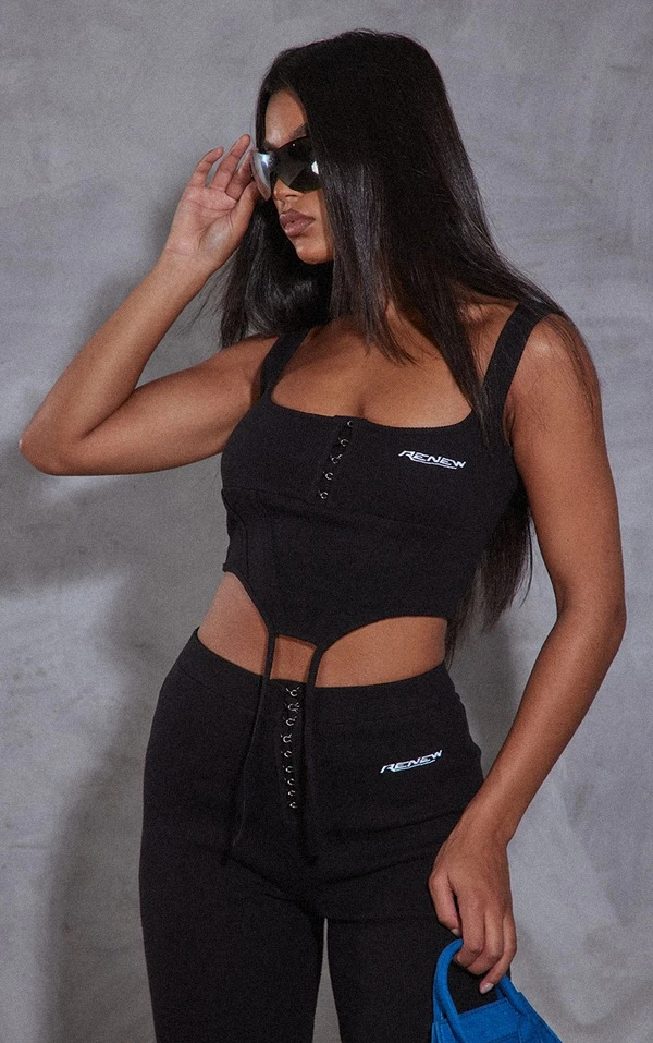 RENEW Débardeur Noir Côtelé Style Corset 1 RENEW Débardeur Noir Côtelé Style Corset